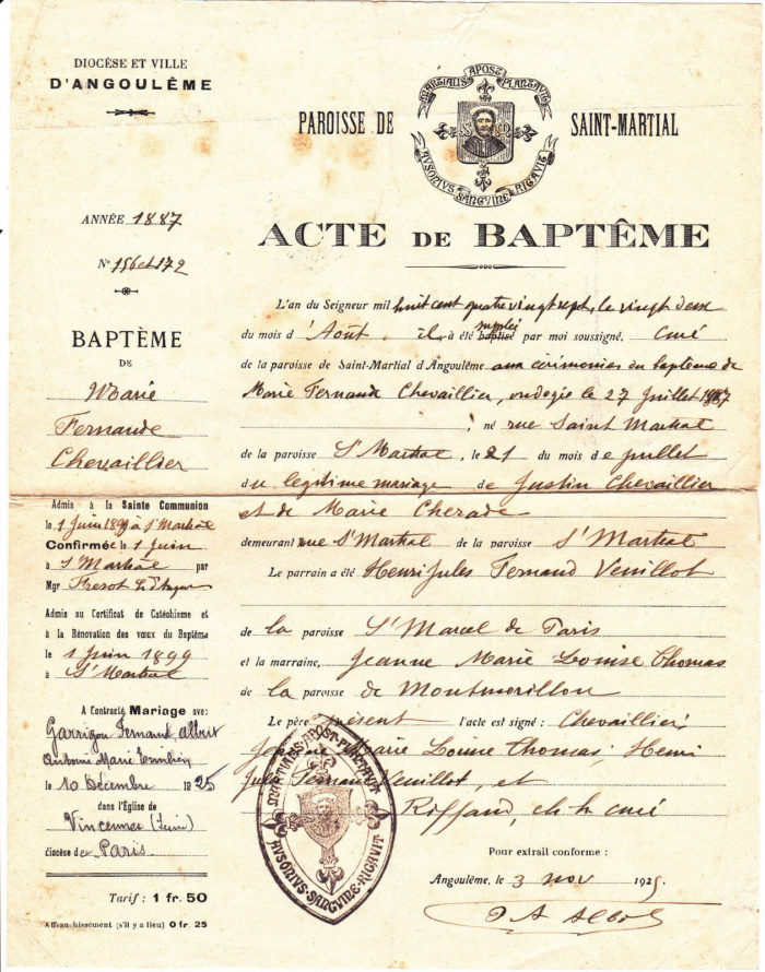 un extrait de baptême - Paroisse du Bx Chevrier - Guillotière